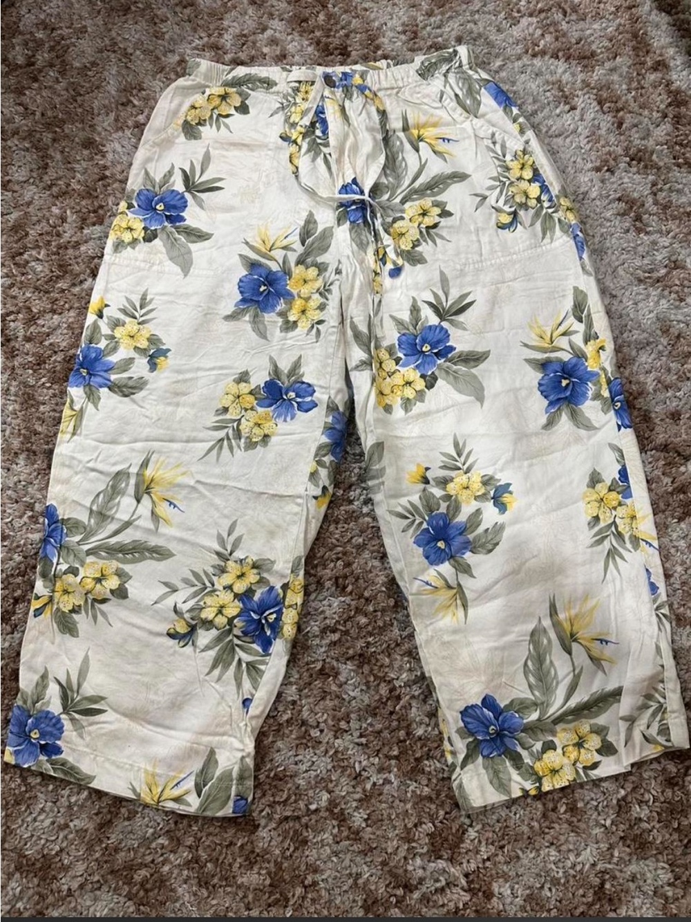 Caribbean Joe White Floral Athletic Shorts with Blue & Yellow Print